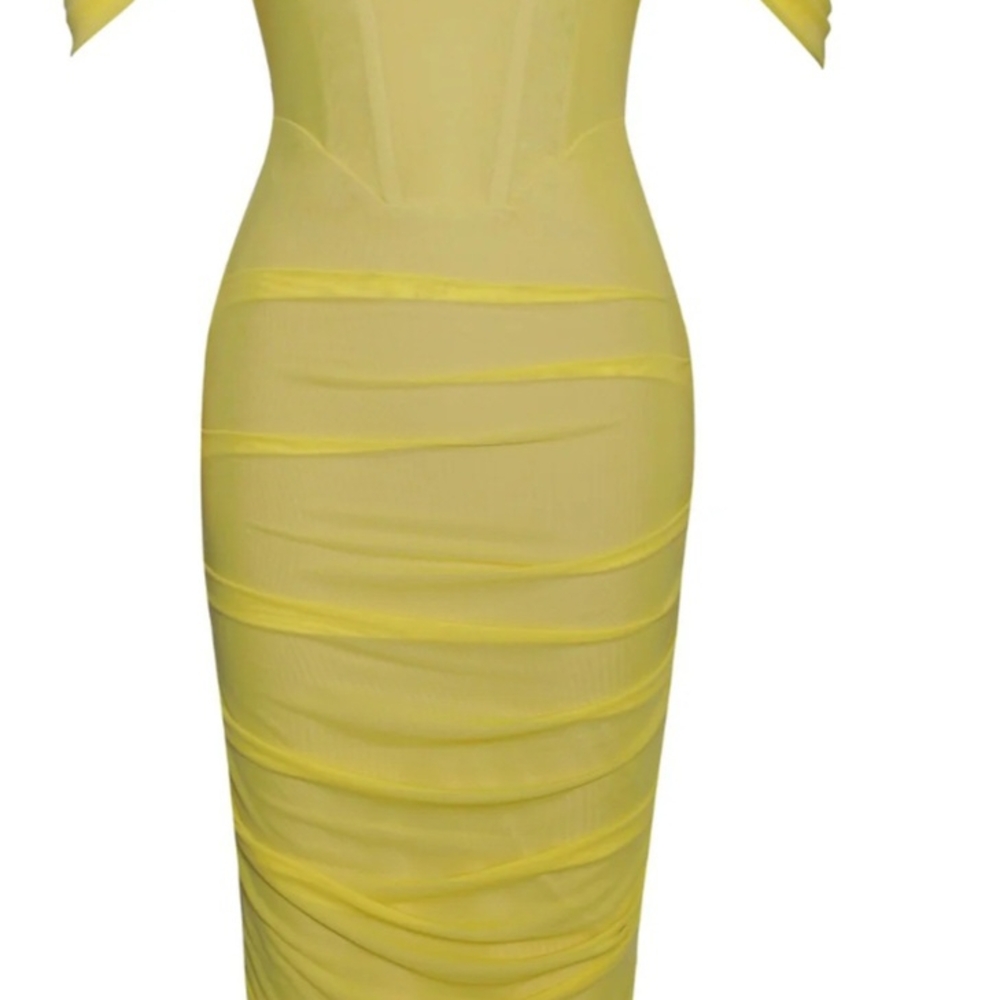 Yellow Asymmetrical Ruched Bodycon Dress - Picture 2 of 4